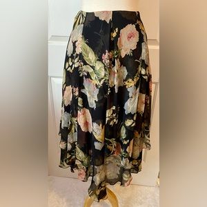 LAUREN/Ralph Lauren Black Silk Chiffon Floral Flounce “Gypsy” Skirt. S 6(8) NEW